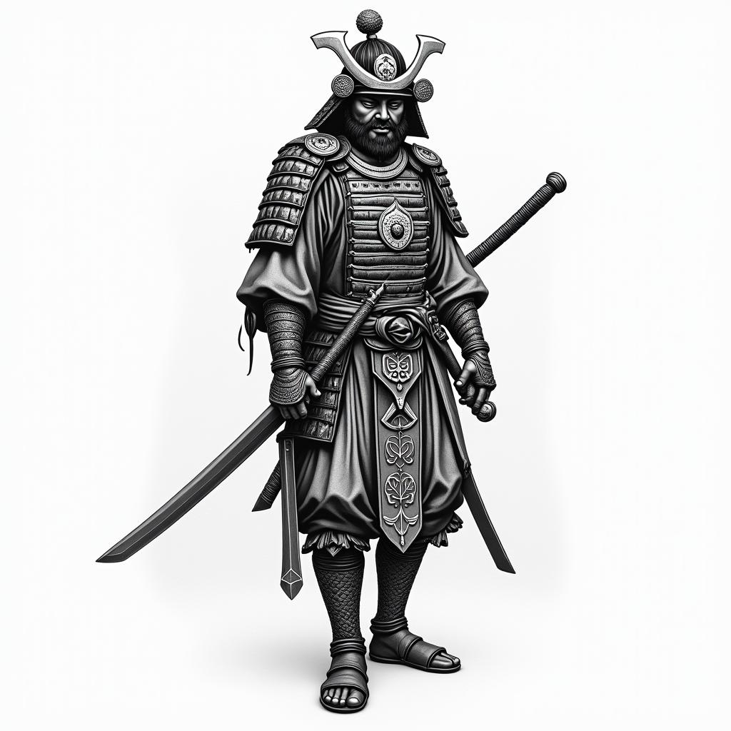Samurai with a katanain spiritual symbols tattoo style, featuring an intricate design incorporating elements, Hamsa hand, third eye, minimalist composition - Variation 4