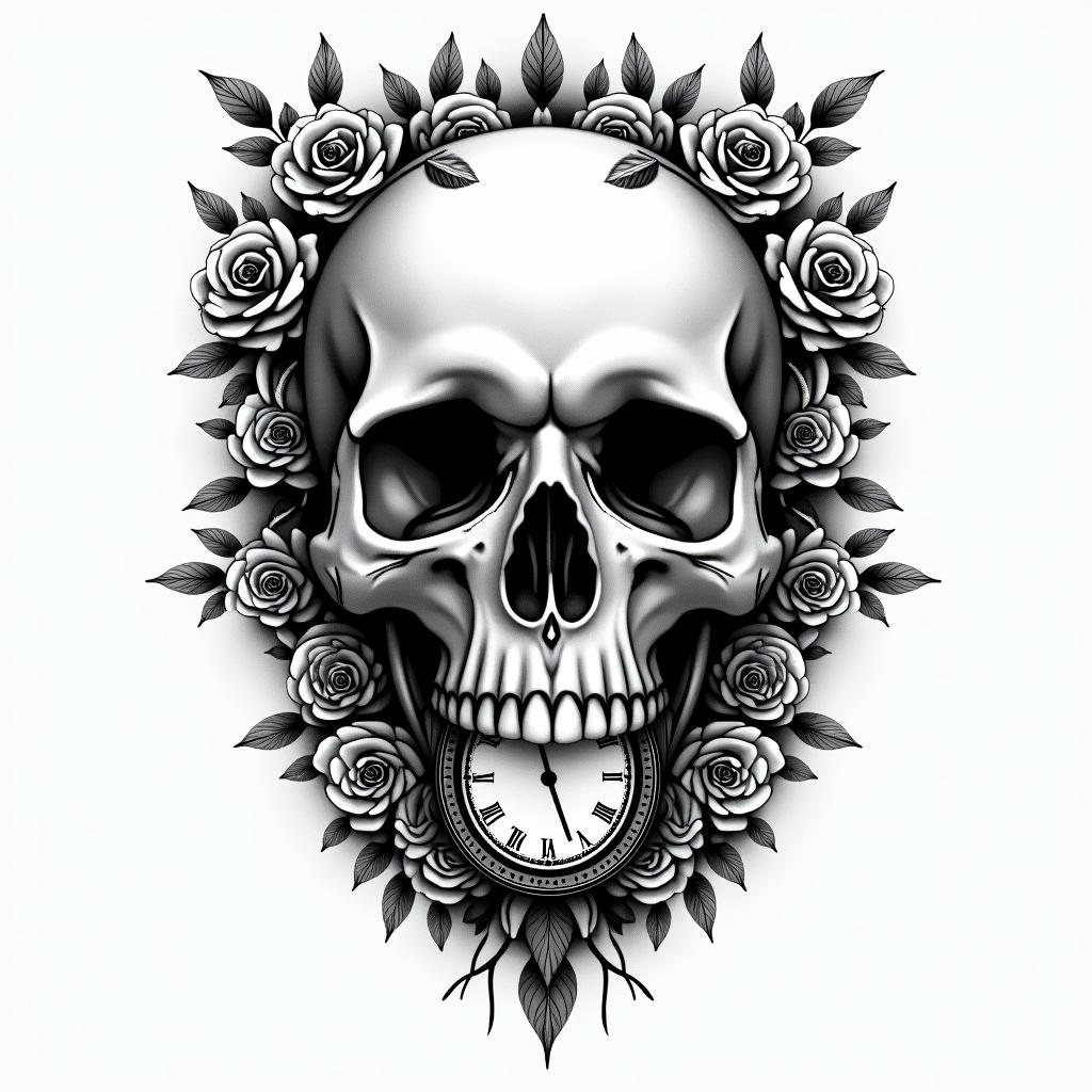 Skull with roses and clock elementstext-based tattoo, gothic font ultra-realistic, perfectly placed, high-quality font design, photo-realistic shading, 8k, high quality, finely detailed typography - Variation 7