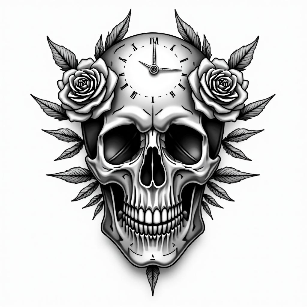 Skull with roses and clock elementstext-based tattoo, gothic font ultra-realistic, perfectly placed, high-quality font design, photo-realistic shading, 8k, high quality, finely detailed typography - Variation 8