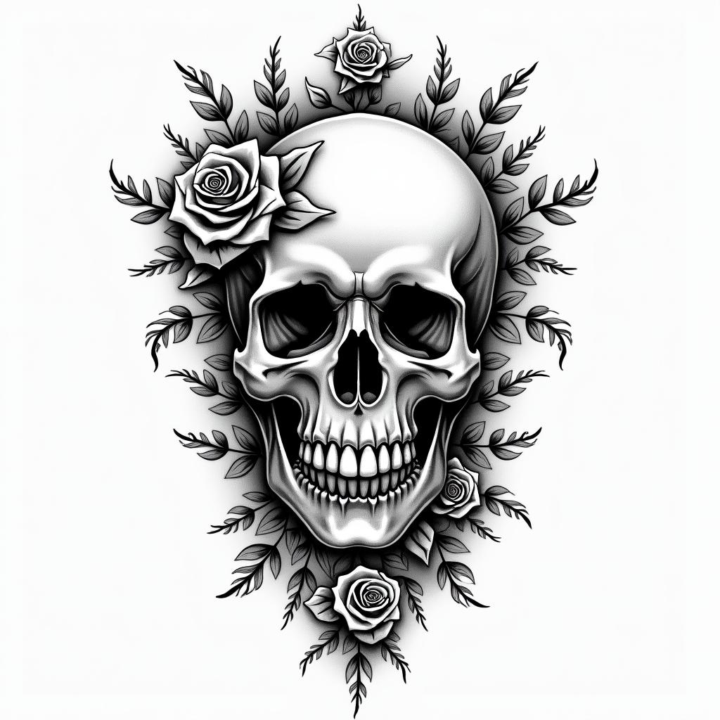 Skull with roses and clock elementstext-based tattoo, gothic font ultra-realistic, perfectly placed, high-quality font design, photo-realistic shading, 8k, high quality, finely detailed typography - Variation 5