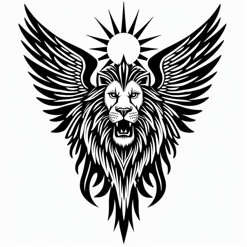 Angel wings on a lion protecting his lion pride riding into the sun setin tribal tattoo style, featuring bold and black geometric shapes, curved lines, intertwine and flow seamlessly, creating a powerful and symbolic design, polynesian and maori styles - Variation 2