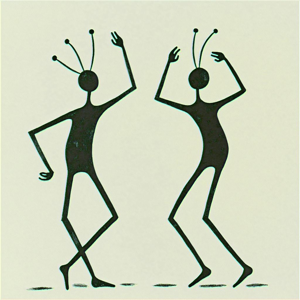 Salvador Eloy Sagittarius Mexicoabstract dancing figures in Keith Haring style, featuring bold black outlines and solid color fills, figures posed in dynamic and playful dance movements, minimalist design - Variation 4
