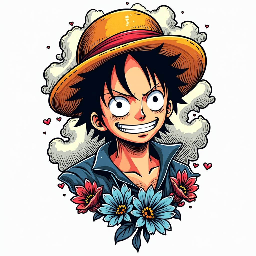 One Piece epicin pop art style tattoo, featuring bold and vibrant colors, exaggerated outlines, iconic imagery, inspired by comic books and speech bubbles, comic book characters, retro pop culture - Variation 4