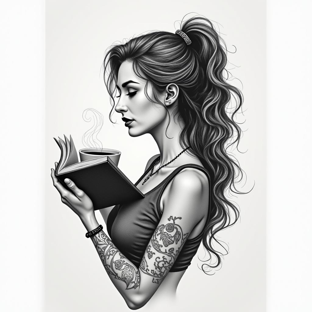Woman, coffee, books, Sagittariusin portrait tattoo style, featuring a highly realistic and detailed depiction 