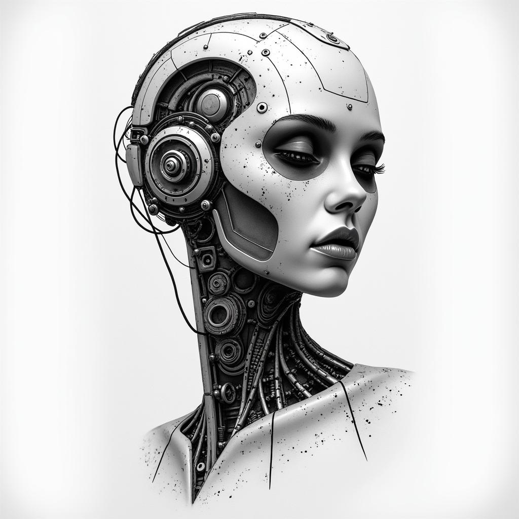 Niece chapeltattoo in biomechanic style, the tattoo covered by robotic elements of futuristic cyberpunk design, robotic features detail, showcasing intricate mechanical components