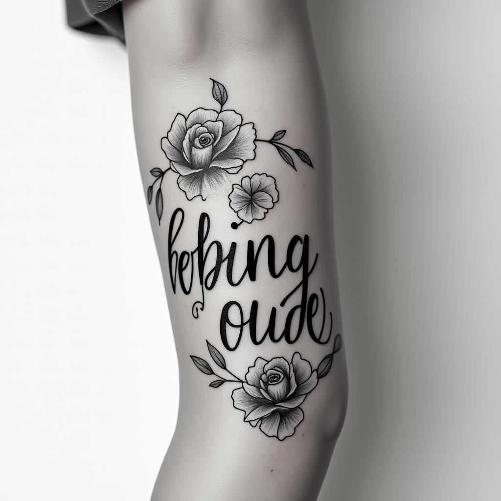 🩷❤️ Robert❤️❤️in elegant cursive calligraphy style 2d tattoo, decorate with roses, featuring a smooth and flowing handwritten script with slightly thickened strokes for a luxurious and bold appearance, heart symbol between names, sleek and glossy black text with shadowing, minimalist matte white background, clean and sharp edges, illuminated with soft lighting, romantic, 8k, high-quality textures with refined typography - Variation 4