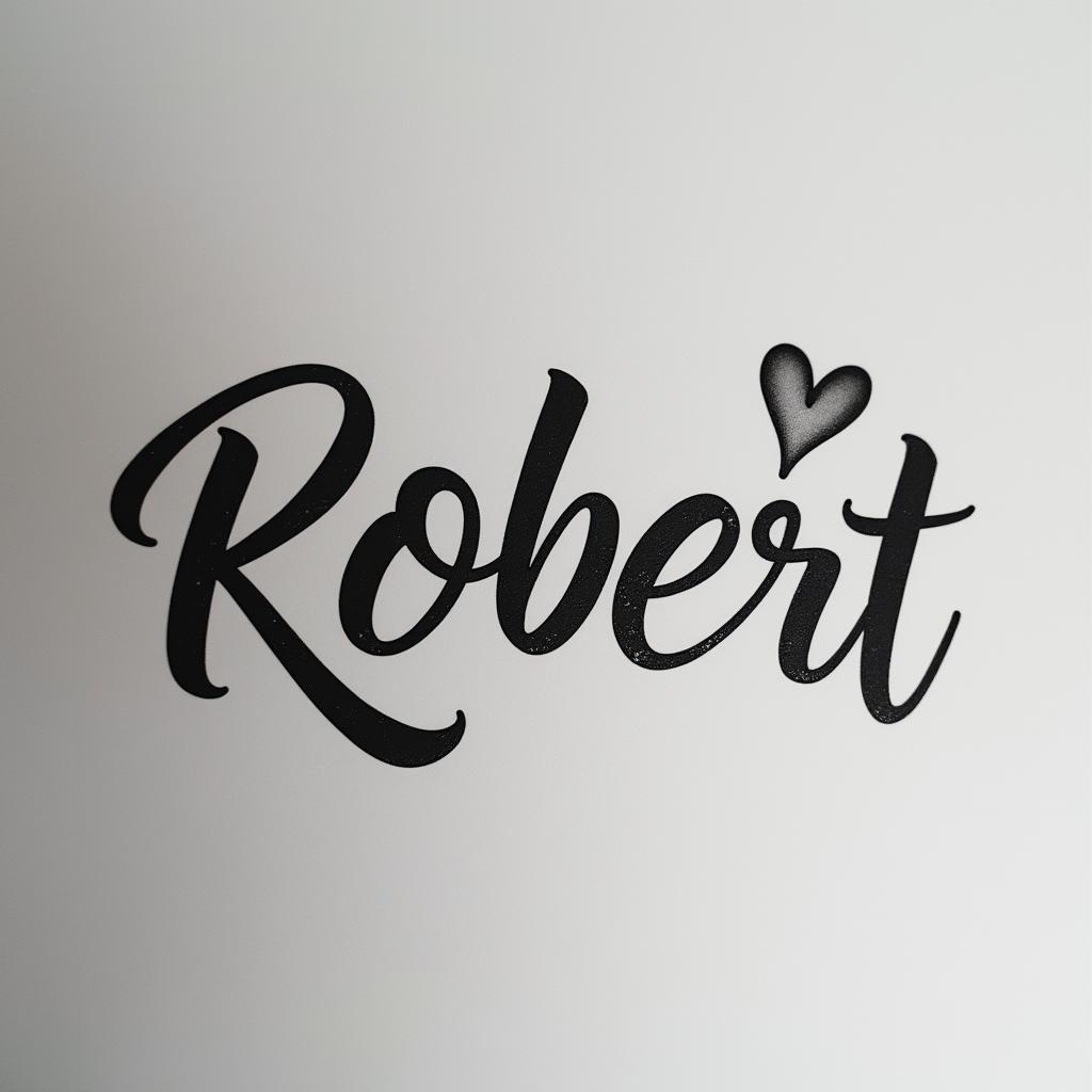 🩷❤️ Robert❤️❤️in elegant cursive calligraphy style 2d tattoo, decorate with roses, featuring a smooth and flowing handwritten script with slightly thickened strokes for a luxurious and bold appearance, heart symbol between names, sleek and glossy black text with shadowing, minimalist matte white background, clean and sharp edges, illuminated with soft lighting, romantic, 8k, high-quality textures with refined typography - Variation 1