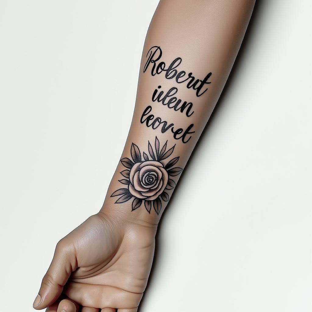 🩷❤️ Robert❤️❤️in elegant cursive calligraphy style 2d tattoo, decorate with roses, featuring a smooth and flowing handwritten script with slightly thickened strokes for a luxurious and bold appearance, heart symbol between names, sleek and glossy black text with shadowing, minimalist matte white background, clean and sharp edges, illuminated with soft lighting, romantic, 8k, high-quality textures with refined typography - Variation 3
