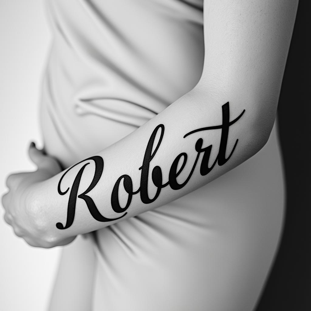 🩷❤️ Robert❤️❤️in elegant cursive calligraphy style 2d tattoo, decorate with roses, featuring a smooth and flowing handwritten script with slightly thickened strokes for a luxurious and bold appearance, heart symbol between names, sleek and glossy black text with shadowing, minimalist matte white background, clean and sharp edges, illuminated with soft lighting, romantic, 8k, high-quality textures with refined typography - Variation 2