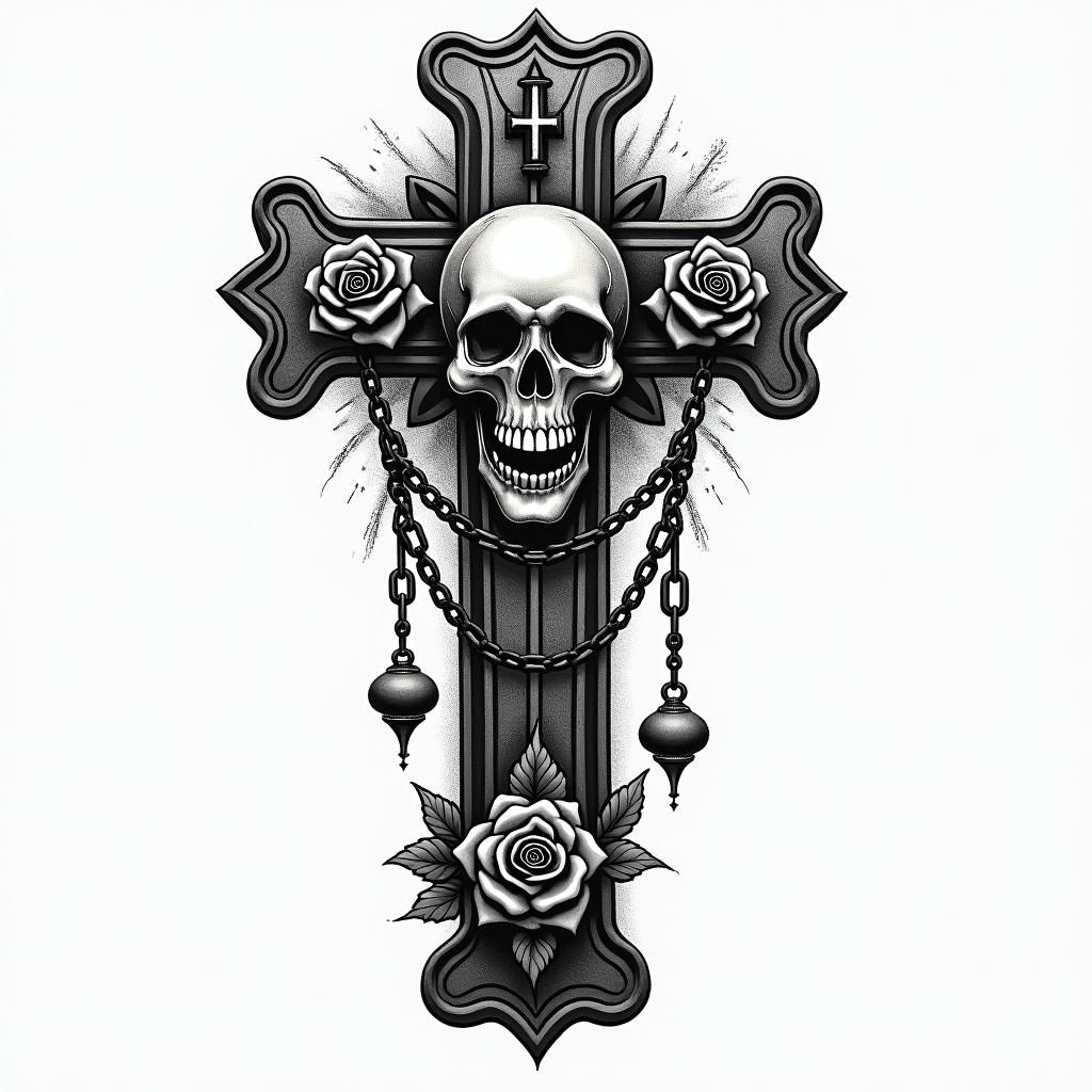 One Piece epicin chicano style tattoo, featuring intricate black and grey shading, bold elements of traditional chicano culture symbols, add a big cross with skull, chains and roses - Variation 4