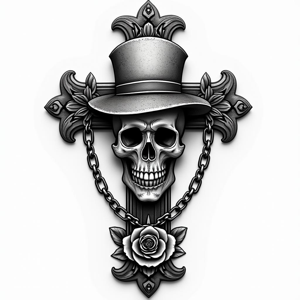 One Piece epicin chicano style tattoo, featuring intricate black and grey shading, bold elements of traditional chicano culture symbols, add a big cross with skull, chains and roses - Variation 3