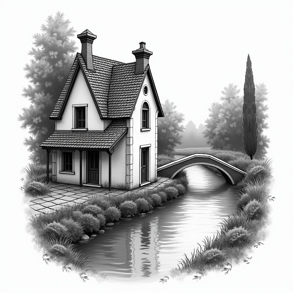 A scenic tattoo design featuring a little house situated by a river, with the river serving as a road. The design should evoke happiness and include vibrant colors to reflect the joyful experience of being in Venice, capturing the serene beauty and charm of the location.higly detailed tattoo - Variation 3