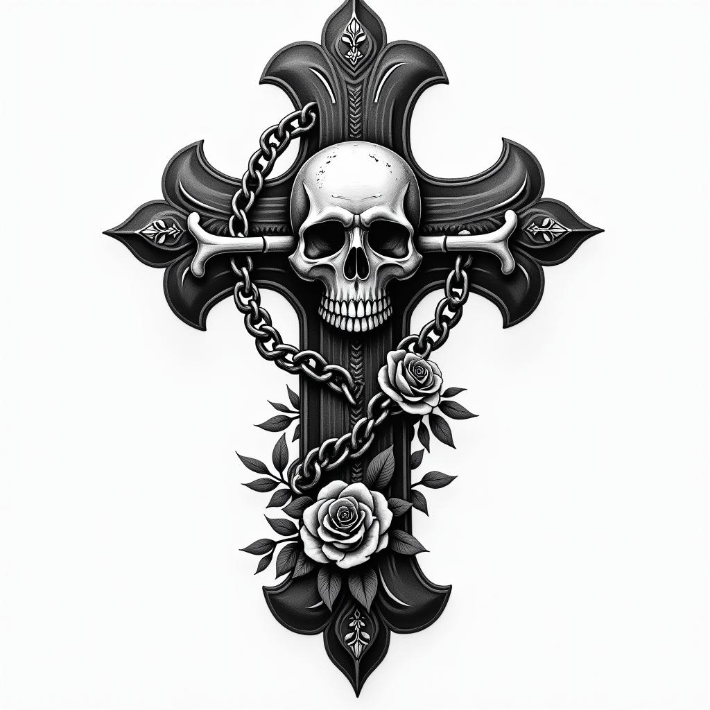 One Piece epicin chicano style tattoo, featuring intricate black and grey shading, bold elements of traditional chicano culture symbols, add a big cross with skull, chains and roses