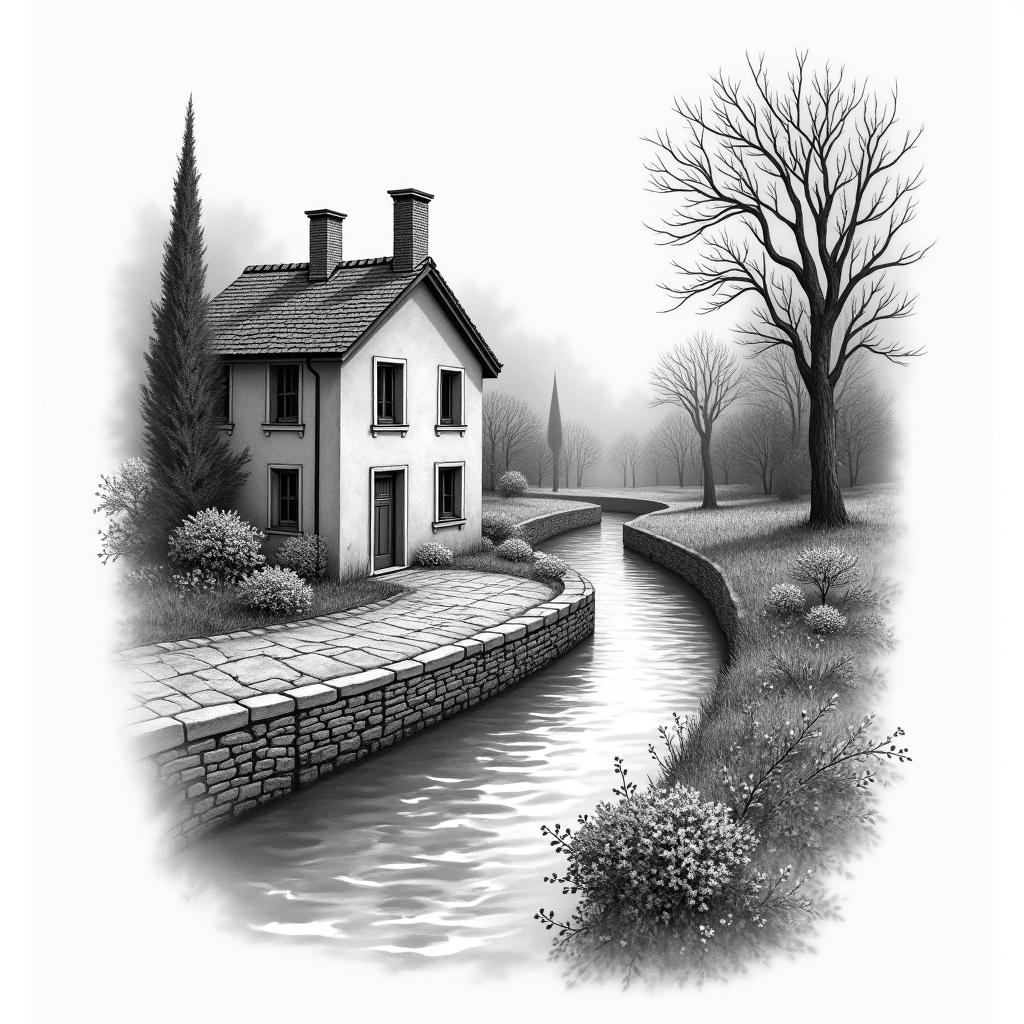 A scenic tattoo design featuring a little house situated by a river, with the river serving as a road. The design should evoke happiness and include vibrant colors to reflect the joyful experience of being in Venice, capturing the serene beauty and charm of the location.higly detailed tattoo - Variation 2