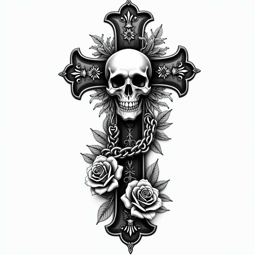 One Piece epicin chicano style tattoo, featuring intricate black and grey shading, bold elements of traditional chicano culture symbols, add a big cross with skull, chains and roses - Variation 2