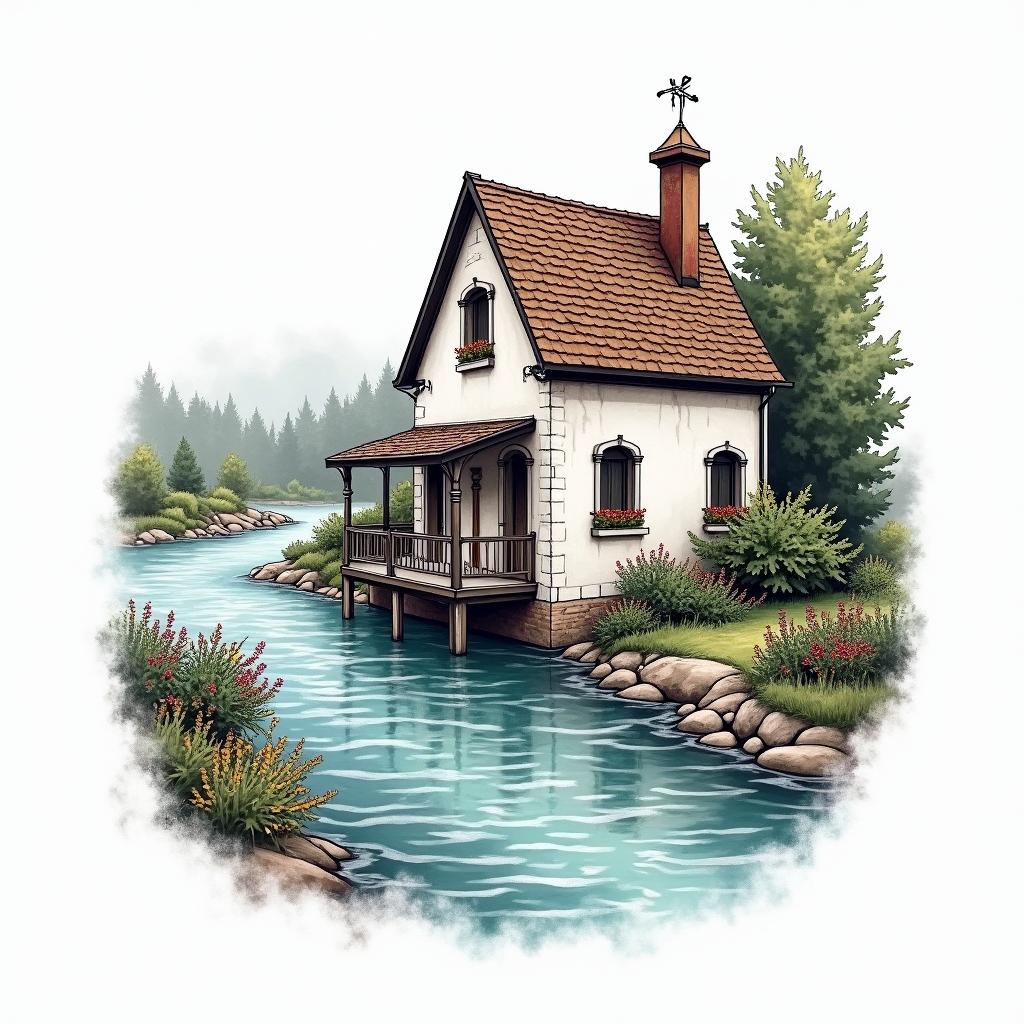 A scenic tattoo design featuring a little house situated by a river, with the river serving as a road. The design should evoke happiness and include vibrant colors to reflect the joyful experience of being in Venice, capturing the serene beauty and charm of the location.higly detailed tattoo - Variation 4