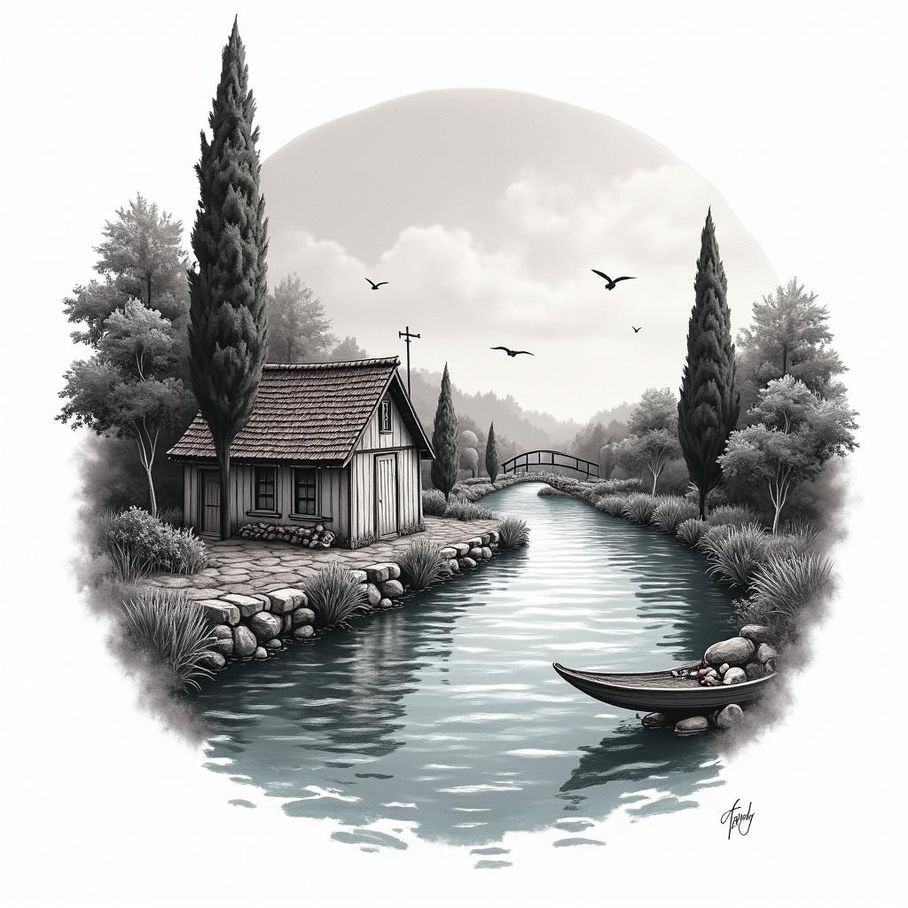 A scenic tattoo design featuring a little house situated by a river, with the river serving as a road. The design should evoke happiness and include vibrant colors to reflect the joyful experience of being in Venice, capturing the serene beauty and charm of the location.higly detailed tattoo