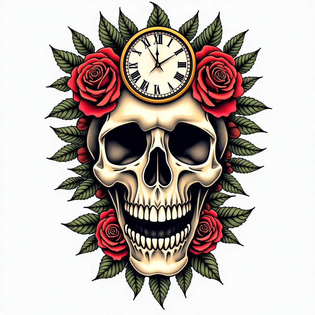Skull with roses and clock elementsin pop art style tattoo, featuring bold and vibrant colors, exaggerated outlines, iconic imagery, inspired by comic books and speech bubbles, comic book characters, retro pop culture - Variation 12