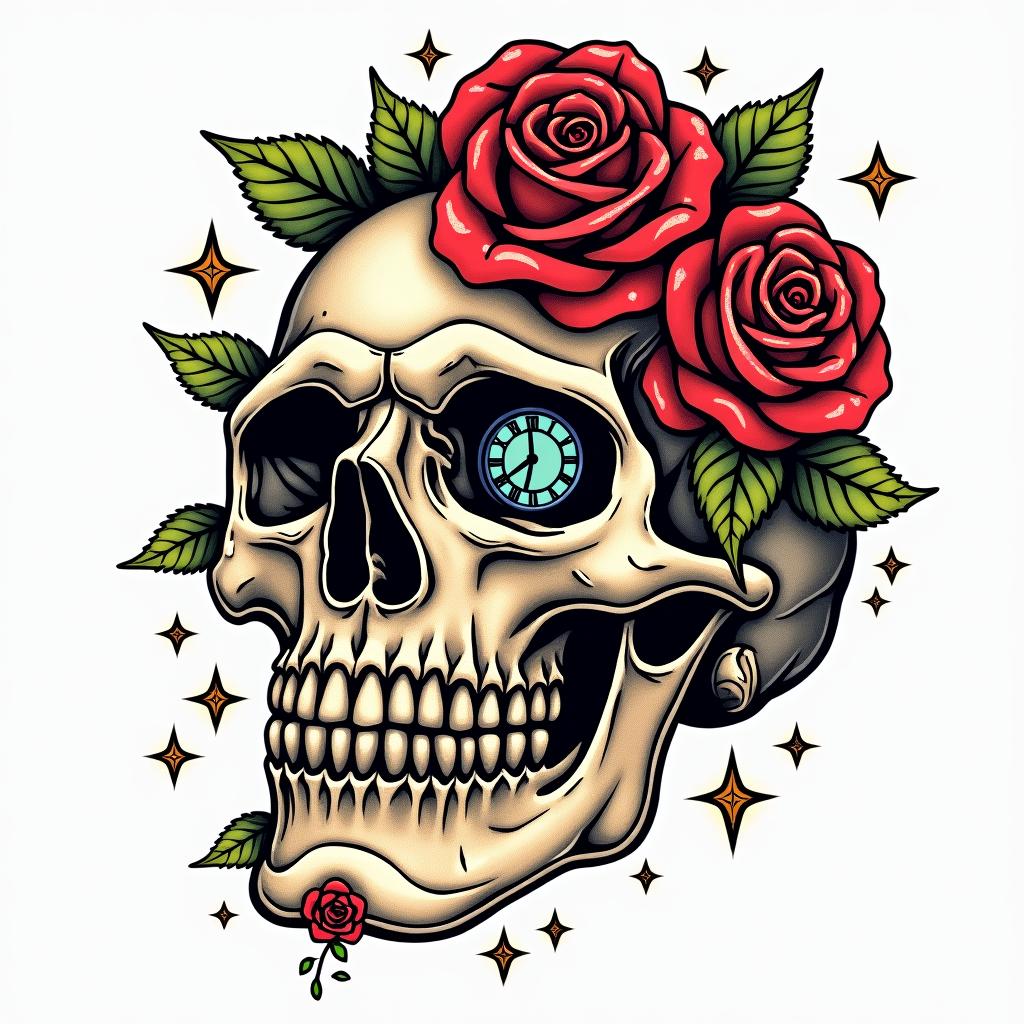 Skull with roses and clock elementsin pop art style tattoo, featuring bold and vibrant colors, exaggerated outlines, iconic imagery, inspired by comic books and speech bubbles, comic book characters, retro pop culture - Variation 8
