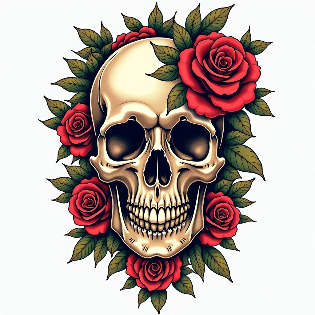Skull with roses and clock elementsin pop art style tattoo, featuring bold and vibrant colors, exaggerated outlines, iconic imagery, inspired by comic books and speech bubbles, comic book characters, retro pop culture - Variation 10