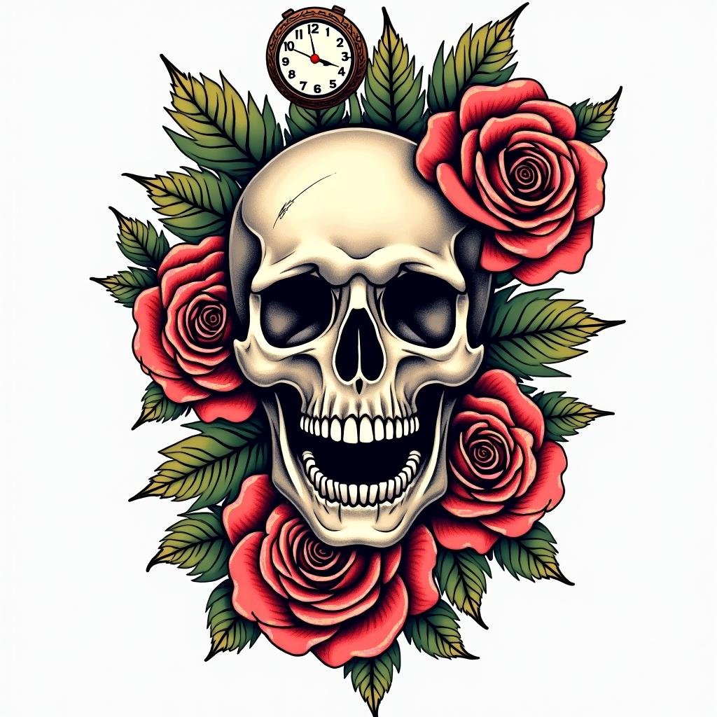 Skull with roses and clock elementsin pop art style tattoo, featuring bold and vibrant colors, exaggerated outlines, iconic imagery, inspired by comic books and speech bubbles, comic book characters, retro pop culture - Variation 9