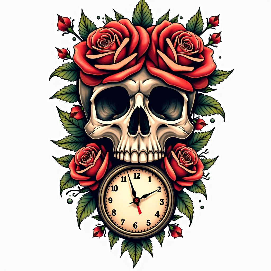 Skull with roses and clock elementsin pop art style tattoo, featuring bold and vibrant colors, exaggerated outlines, iconic imagery, inspired by comic books and speech bubbles, comic book characters, retro pop culture - Variation 7