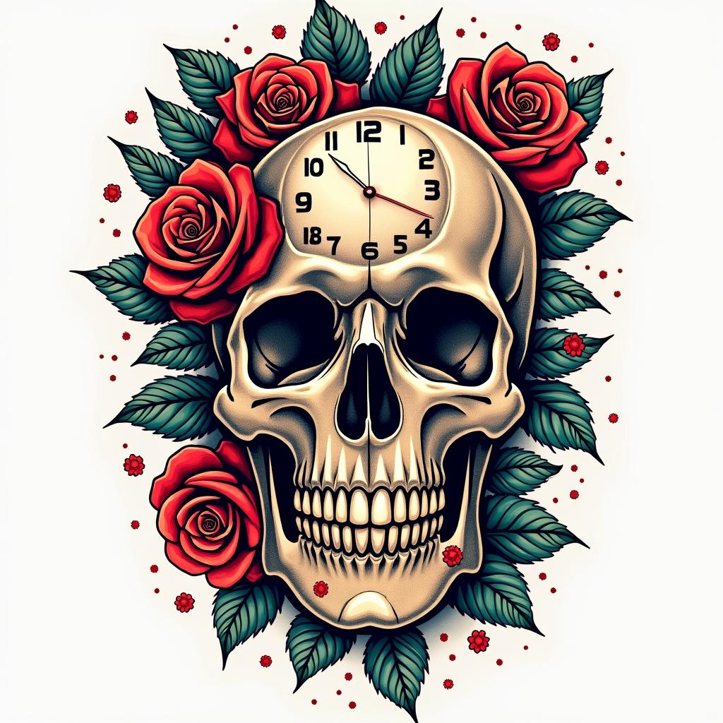 Skull with roses and clock elementsin pop art style tattoo, featuring bold and vibrant colors, exaggerated outlines, iconic imagery, inspired by comic books and speech bubbles, comic book characters, retro pop culture - Variation 11