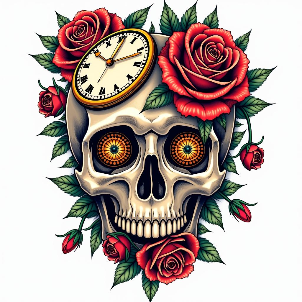 Skull with roses and clock elementsin pop art style tattoo, featuring bold and vibrant colors, exaggerated outlines, iconic imagery, inspired by comic books and speech bubbles, comic book characters, retro pop culture - Variation 6