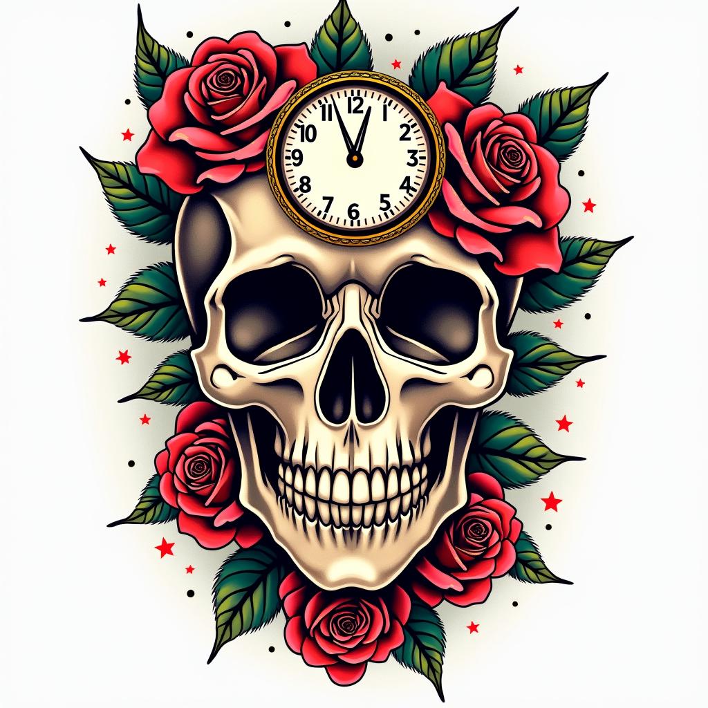Skull with roses and clock elementsin pop art style tattoo, featuring bold and vibrant colors, exaggerated outlines, iconic imagery, inspired by comic books and speech bubbles, comic book characters, retro pop culture - Variation 5