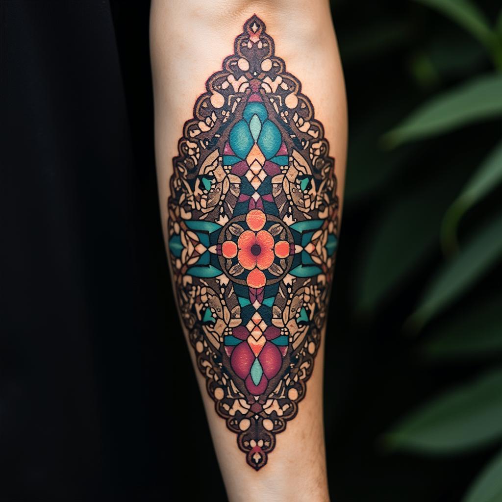Ancient alien in geometric style tattoo, blending hexagons, mandala-inspired patterns, symmetrical and fractal design, clean lines, sharp angles - Variation 3