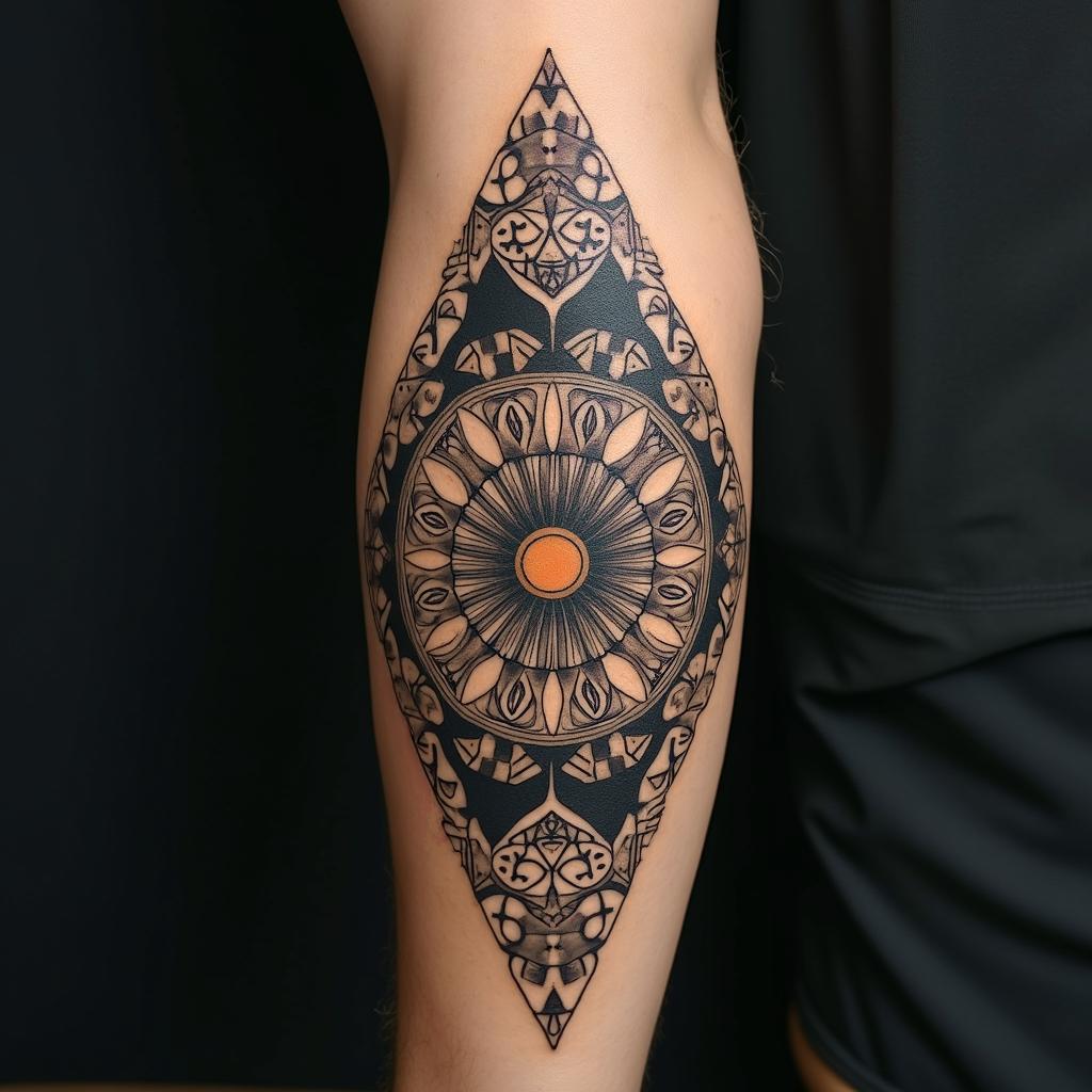 Ancient alien in geometric style tattoo, blending hexagons, mandala-inspired patterns, symmetrical and fractal design, clean lines, sharp angles