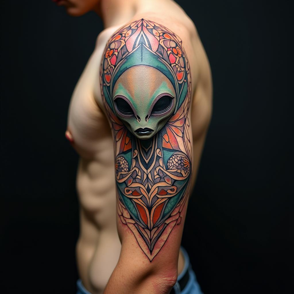 Ancient alien in geometric style tattoo, blending hexagons, mandala-inspired patterns, symmetrical and fractal design, clean lines, sharp angles - Variation 4