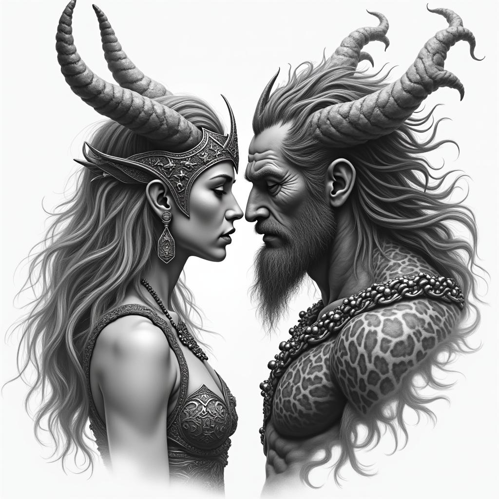 Norse Goddess Hel facing off The God Posidonin realism tattoo style, featuring a highly detailed, lifelike, capturing every detail, photorealistic, ultra realistic, intricate shading, smooth and sharp,   - Variation 4
