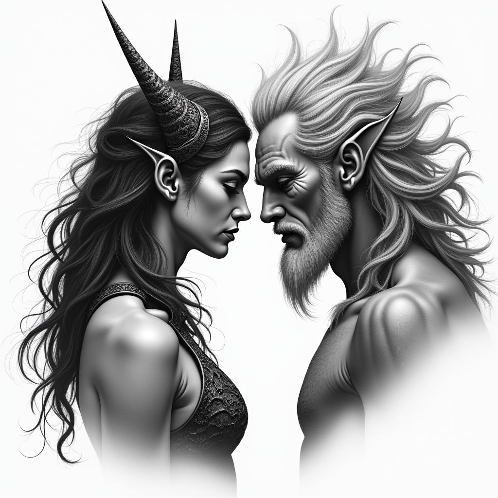 Norse Goddess Hel facing off The God Posidonin realism tattoo style, featuring a highly detailed, lifelike, capturing every detail, photorealistic, ultra realistic, intricate shading, smooth and sharp,   - Variation 2