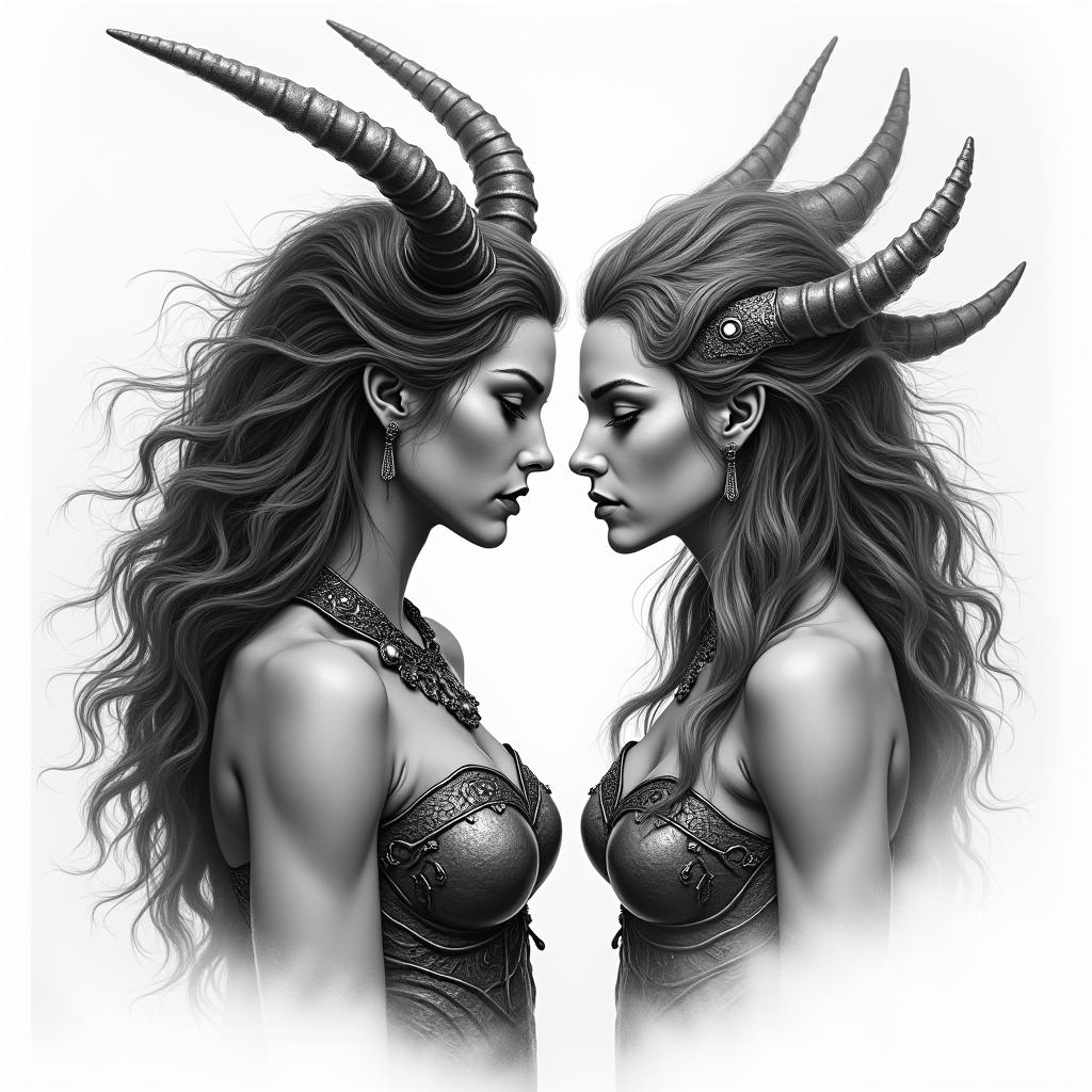 Norse Goddess Hel facing off The God Posidonin realism tattoo style, featuring a highly detailed, lifelike, capturing every detail, photorealistic, ultra realistic, intricate shading, smooth and sharp,   - Variation 3