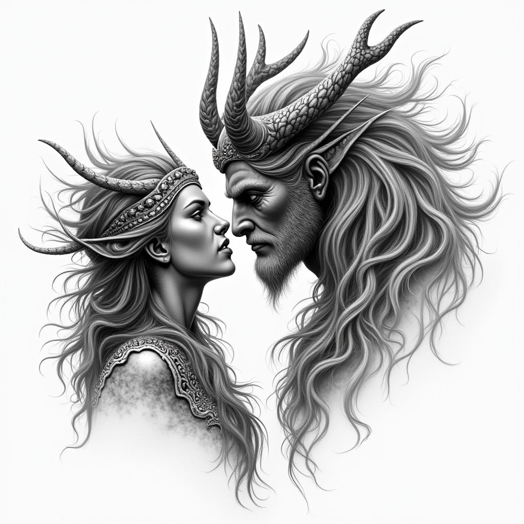 Norse Goddess Hel facing off The God Posidonin realism tattoo style, featuring a highly detailed, lifelike, capturing every detail, photorealistic, ultra realistic, intricate shading, smooth and sharp,  