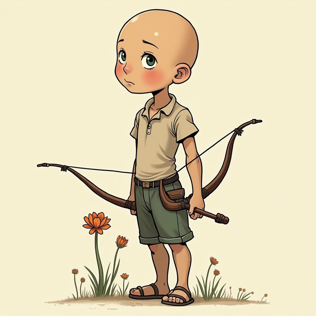 Eloy Sagittarius MexicoGhibli, Studio Ghibli aesthetic, hand-drawn anime style, retro nostalgic atmosphere, retro soft pastel color palette with earthy tones, retro Japanese cinematic shot, yellow tint effect, bald character, smooth surface, anime shadow 90's anime style - Variation 7