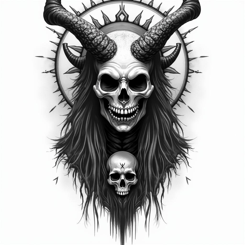 Norse Goddess Hel in horror tattoo style, showcasing haunting and unsettling, dark and gritty textures with skulls, eerie faces, jgged designs, bold and intense shading - Variation 4