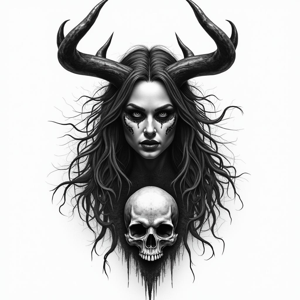 Norse Goddess Hel in horror tattoo style, showcasing haunting and unsettling, dark and gritty textures with skulls, eerie faces, jgged designs, bold and intense shading