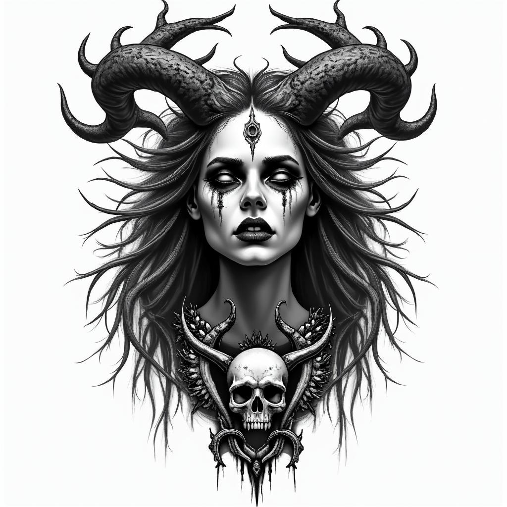 Norse Goddess Hel in horror tattoo style, showcasing haunting and unsettling, dark and gritty textures with skulls, eerie faces, jgged designs, bold and intense shading - Variation 3