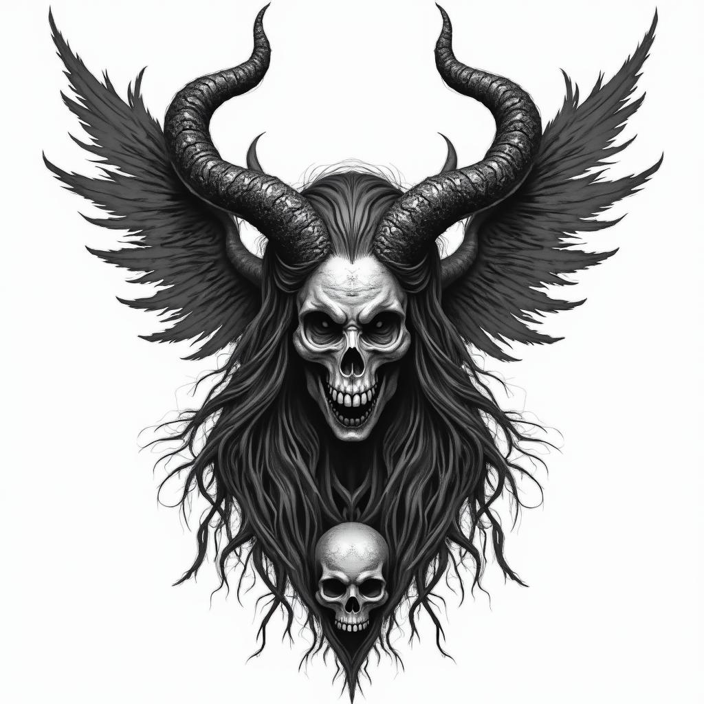 Norse Goddess Hel in horror tattoo style, showcasing haunting and unsettling, dark and gritty textures with skulls, eerie faces, jgged designs, bold and intense shading - Variation 2