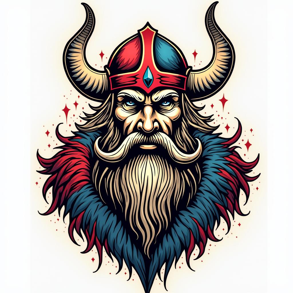 Vikingin pop art style tattoo, featuring bold and vibrant colors, exaggerated outlines, iconic imagery, inspired by comic books and speech bubbles, comic book characters, retro pop culture - Variation 7