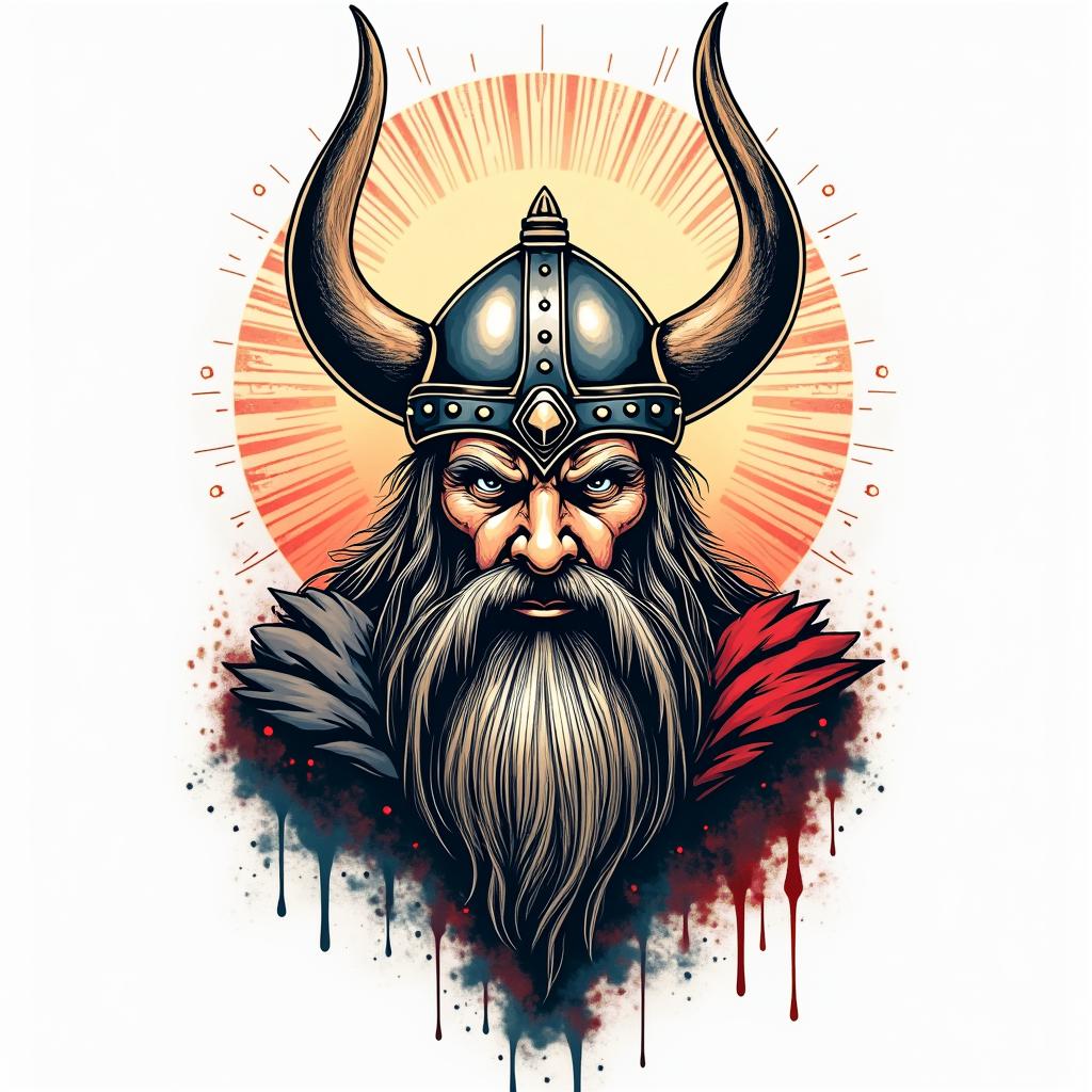 Vikingin pop art style tattoo, featuring bold and vibrant colors, exaggerated outlines, iconic imagery, inspired by comic books and speech bubbles, comic book characters, retro pop culture - Variation 6