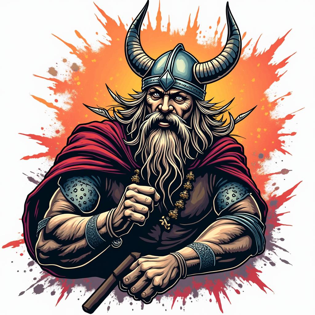 Vikingin pop art style tattoo, featuring bold and vibrant colors, exaggerated outlines, iconic imagery, inspired by comic books and speech bubbles, comic book characters, retro pop culture - Variation 5
