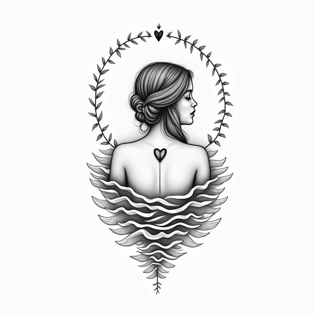 I'm a virgo, quiet and decent, wanted to show her likes and desires to everyone but, too shy to do that.in Modest style tattoo, featuring soft, delicate line work with simple and meaningful symbols, gentle waves, a heart, evoking a sense of serenity and grace, - Variation 1