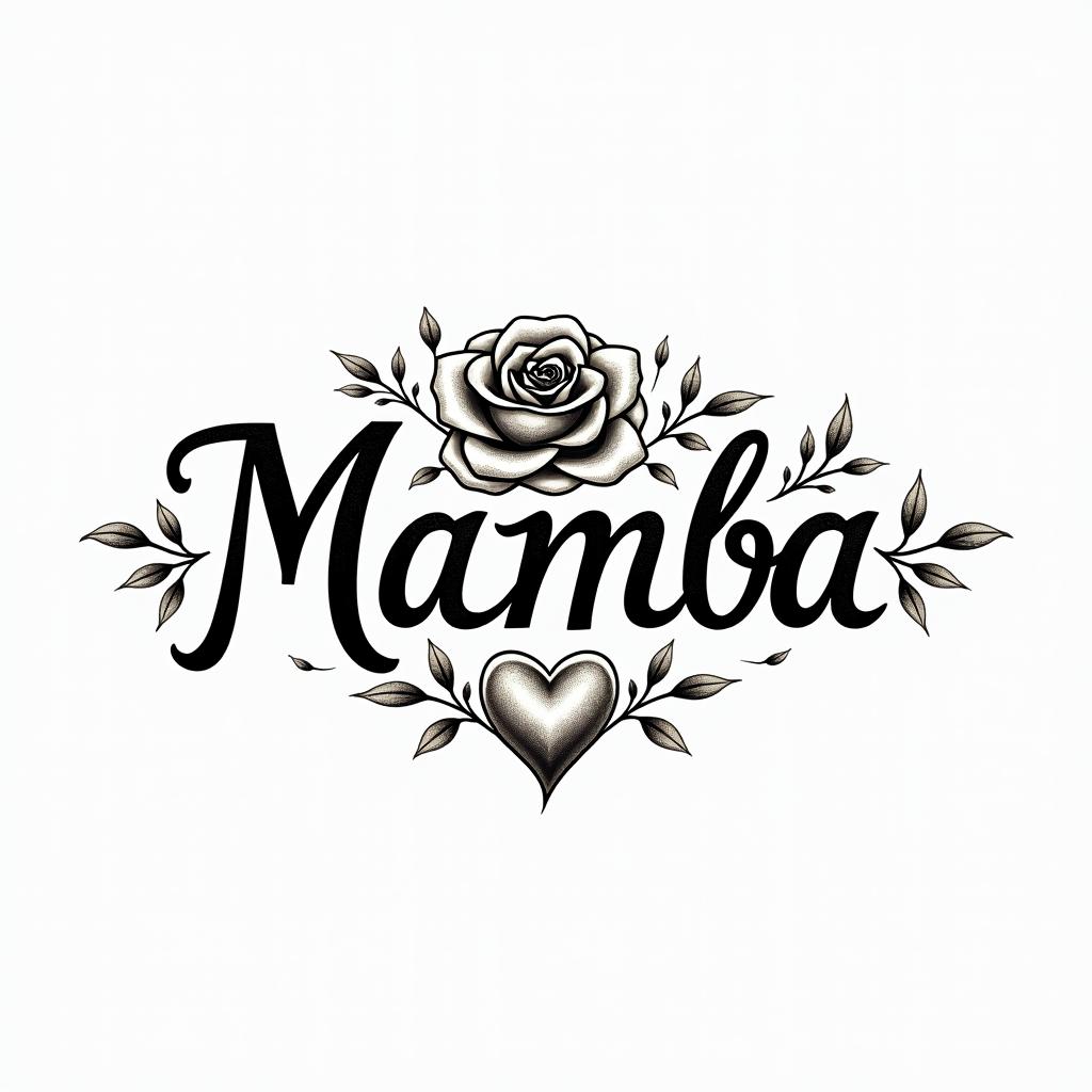 Mamba Mentalityin elegant cursive calligraphy style 2d tattoo, decorate with roses, featuring a smooth and flowing handwritten script with slightly thickened strokes for a luxurious and bold appearance, heart symbol between names, sleek and glossy black text with shadowing, minimalist matte white background, clean and sharp edges, illuminated with soft lighting, romantic, 8k, high-quality textures with refined typography - Variation 2