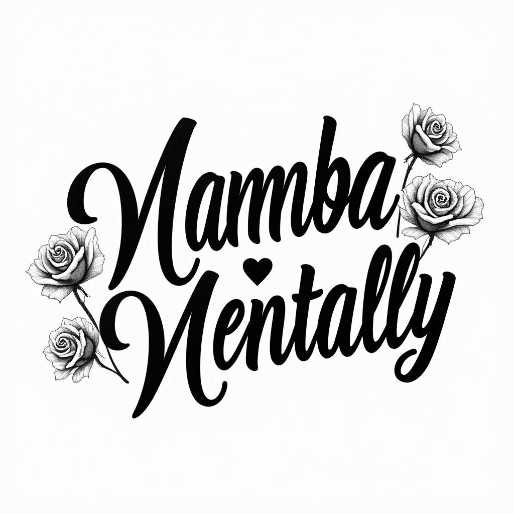 Mamba Mentalityin elegant cursive calligraphy style 2d tattoo, decorate with roses, featuring a smooth and flowing handwritten script with slightly thickened strokes for a luxurious and bold appearance, heart symbol between names, sleek and glossy black text with shadowing, minimalist matte white background, clean and sharp edges, illuminated with soft lighting, romantic, 8k, high-quality textures with refined typography - Variation 3