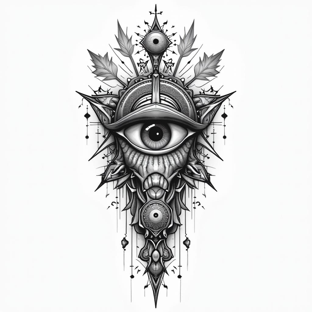 Simonain prophecy tattoo style, featuring mystical symbols, celestial imagery like stars, moons, suns, geometric patterns, foretelling elements, an eye of wisdom