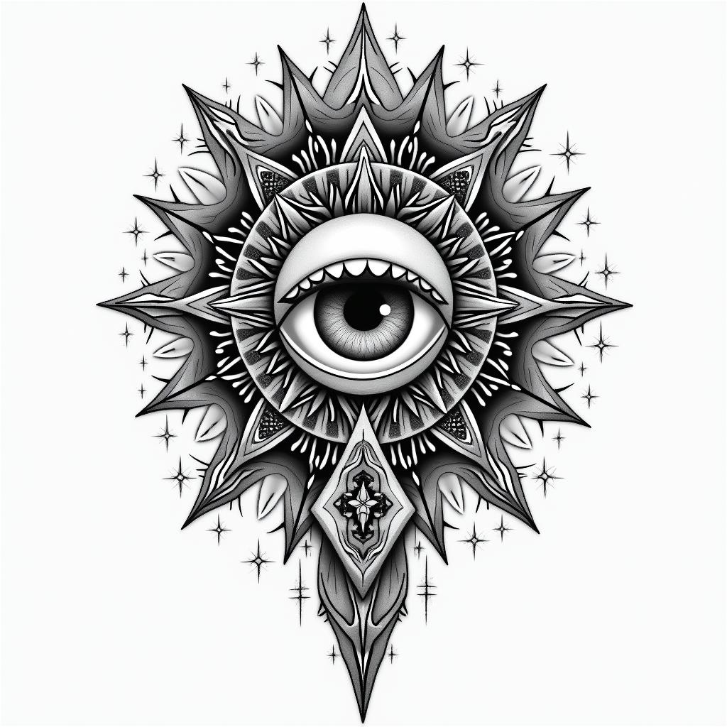 Simonain prophecy tattoo style, featuring mystical symbols, celestial imagery like stars, moons, suns, geometric patterns, foretelling elements, an eye of wisdom - Variation 4