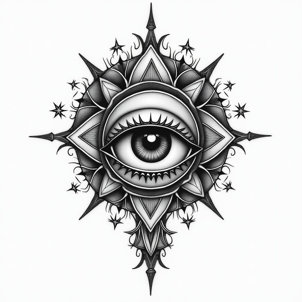 Simonain prophecy tattoo style, featuring mystical symbols, celestial imagery like stars, moons, suns, geometric patterns, foretelling elements, an eye of wisdom - Variation 3